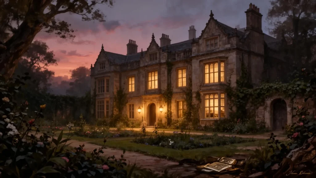 A historic English estate at dusk - the world of The Sorrell Legacy