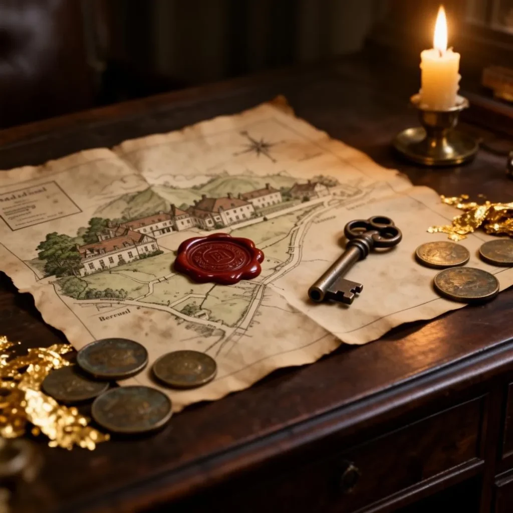 Candlelit map, key and coins from the Sorrell estate